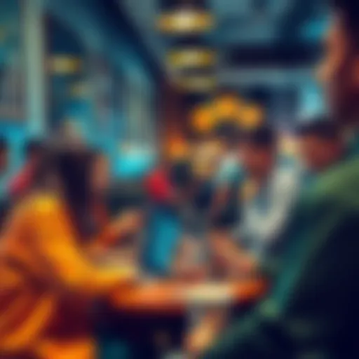 A group of people discussing cryptocurrency trends at a coffee shop, sharing insights and using their laptops and mobile devices.