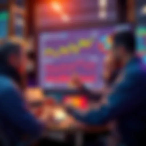 A group of crypto investors discussing strategies with charts and graphs on a screen