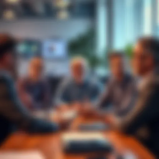 A group of seasoned investors discussing strategies in a modern office, looking confident and engaged.