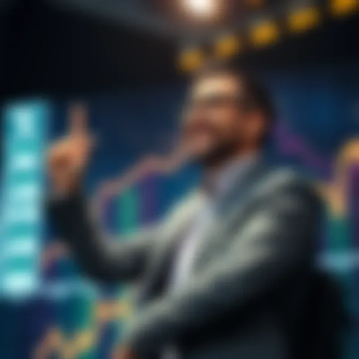 A professional celebrating a job offer in the cryptocurrency industry with a graph showing salary growth in the background.