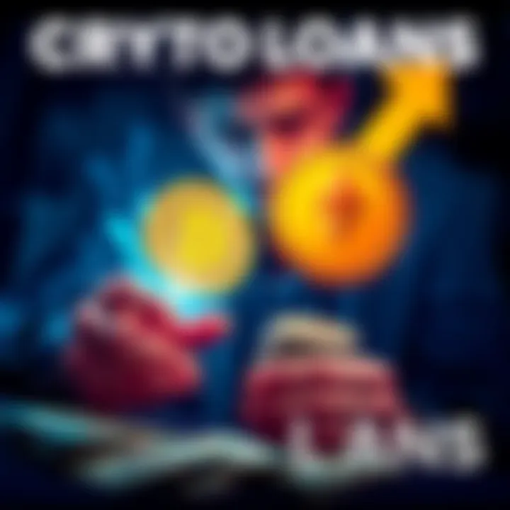 A person considering crypto loans while holding a Bitcoin and Ethereum symbol, with cash and arrows indicating liquidity options nearby.