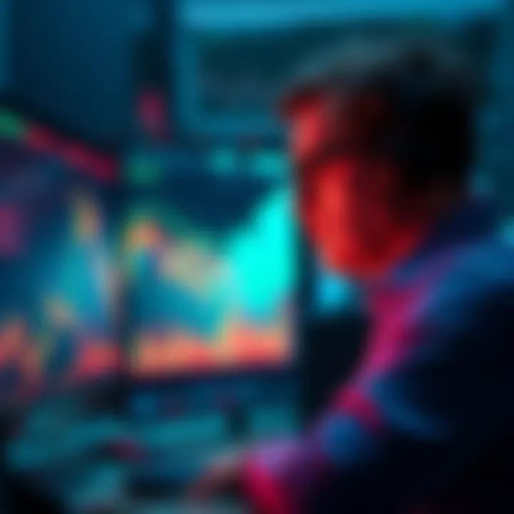 Graph showing a downward trend in cryptocurrency values with a worried investor looking at a computer screen.