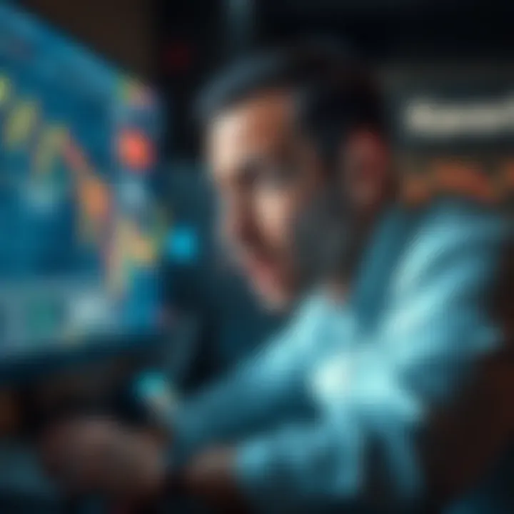 A frustrated trader looking at dropping cryptocurrency prices on a computer screen