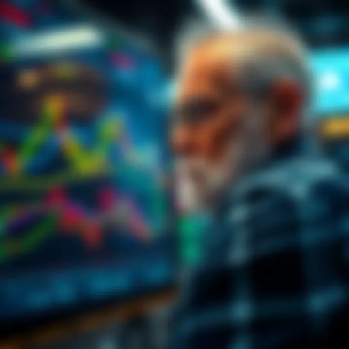 Crypto Market Reflection A thoughtful veteran looks at cryptocurrency charts, pondering the future of Bitcoin and altcoins.