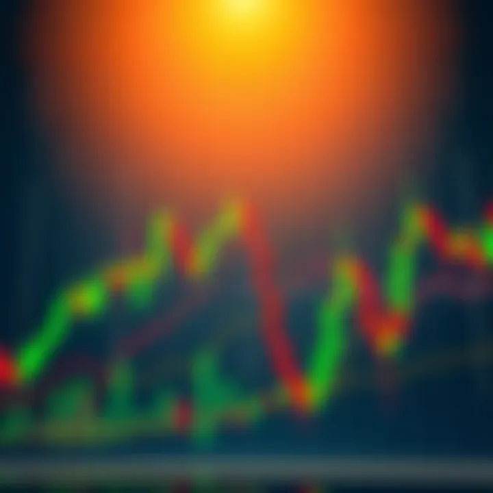 A graph showing fluctuating crypto market trends with a mix of green and red candlestick charts, symbolizing growth and decline.