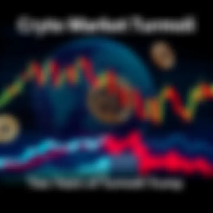 A stock market graph showing sharp declines with a Bitcoin symbol overlay, reflecting the impact of geopolitical tensions and uncertainty in the crypto market during Trump's presidency.