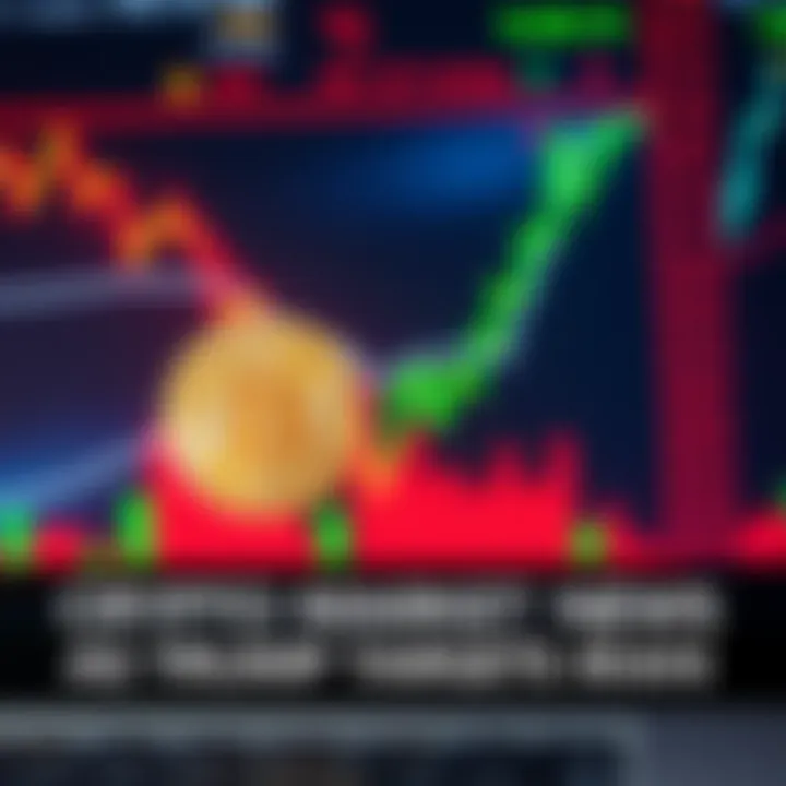 Bitcoin and Ethereum prices drop on a digital trading screen with a news headline about Trump's threats against Iran