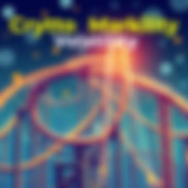 Crypto Market Volatility An illustration showing a rollercoaster representing the ups and downs of cryptocurrency investments with a backdrop of digital currency symbols.