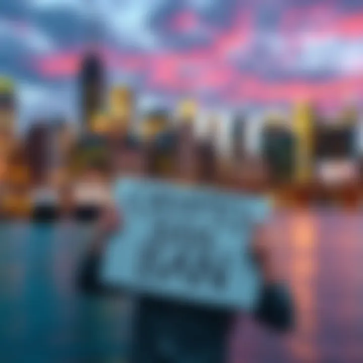 Crypto Mining Ban Announcement A person holding a sign that says 'Crypto Mining Ban' with a city skyline in the background.