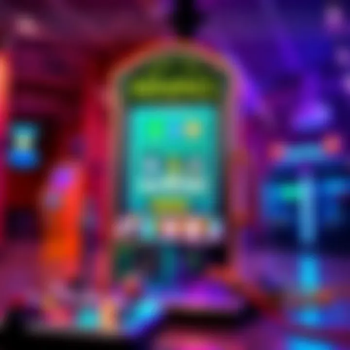 A colorful lottery machine designed for crypto mining, showcasing its buttons and display screen in a lively setup.