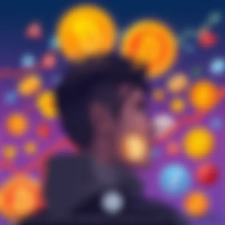 Illustration of a person looking upset while staring at a declining crypto chart, surrounded by symbols of various cryptocurrencies, representing common mistakes in the crypto world.