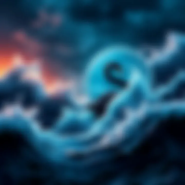 Navigating the Crypto Chaos A visual representation of the turbulent cryptocurrency market, depicting a stormy sea with a digital coin navigating through waves.