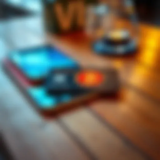 A crypto payment card lies on a wooden table, next to a smartphone displaying a digital wallet app, symbolizing modern payment methods.