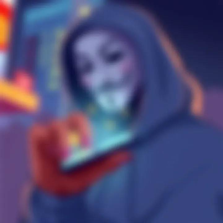 A digital illustration showing a person making a payment with cryptocurrency on a smartphone while wearing a mask, symbolizing anonymity and privacy in financial transactions.
