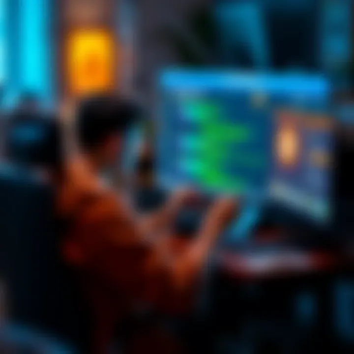 A person sitting at a computer, coding a crypto payment gateway for a website, with digital currency icons on the screen.