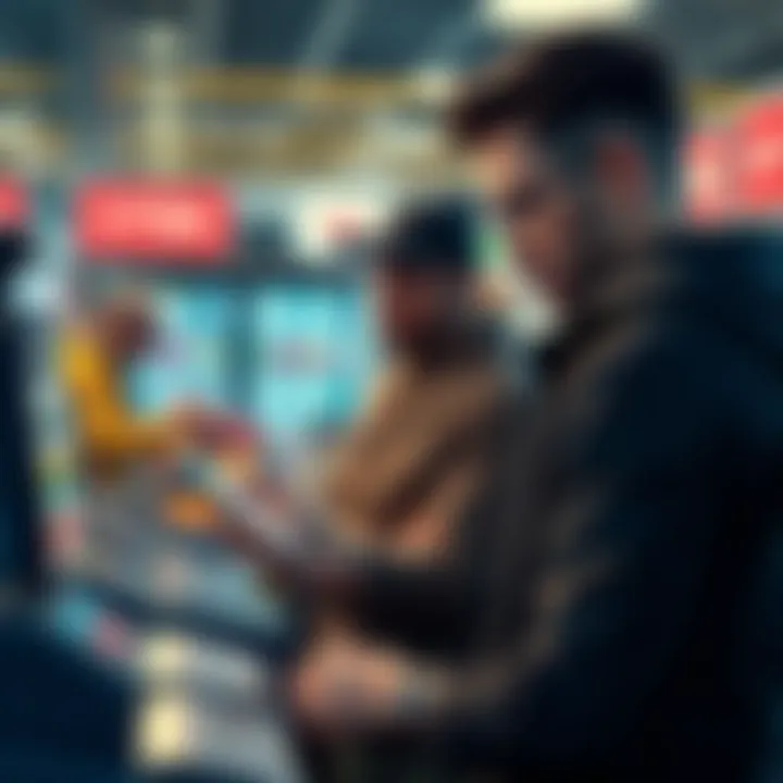Crypto Payments Challenges A person looking frustrated while trying to make a crypto payment on their smartphone at a store register, with a vendor appearing skeptical.