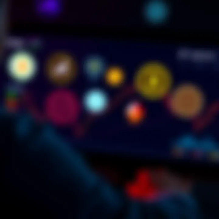 A person analyzing a crypto portfolio with various coins like AVA, Filecoin, Dogecoin, Algorand, and Cardano represented as colorful icons on a digital screen.