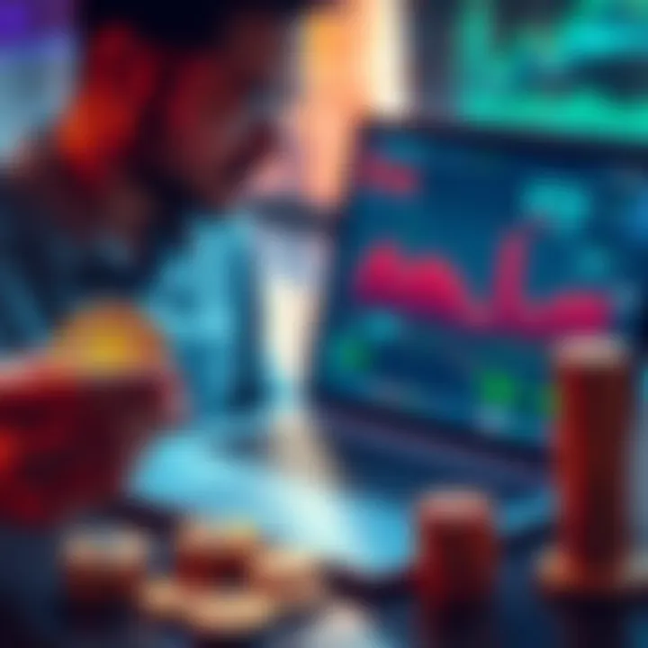 A cryptocurrency investor adjusting their investment portfolio, holding Bitcoin and Ethereum coins, with a laptop displaying ETF options in the background