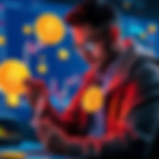 A person examining a chart of cryptocurrencies, surrounded by Bitcoin and various altcoin symbols, symbolizing investment strategy discussions