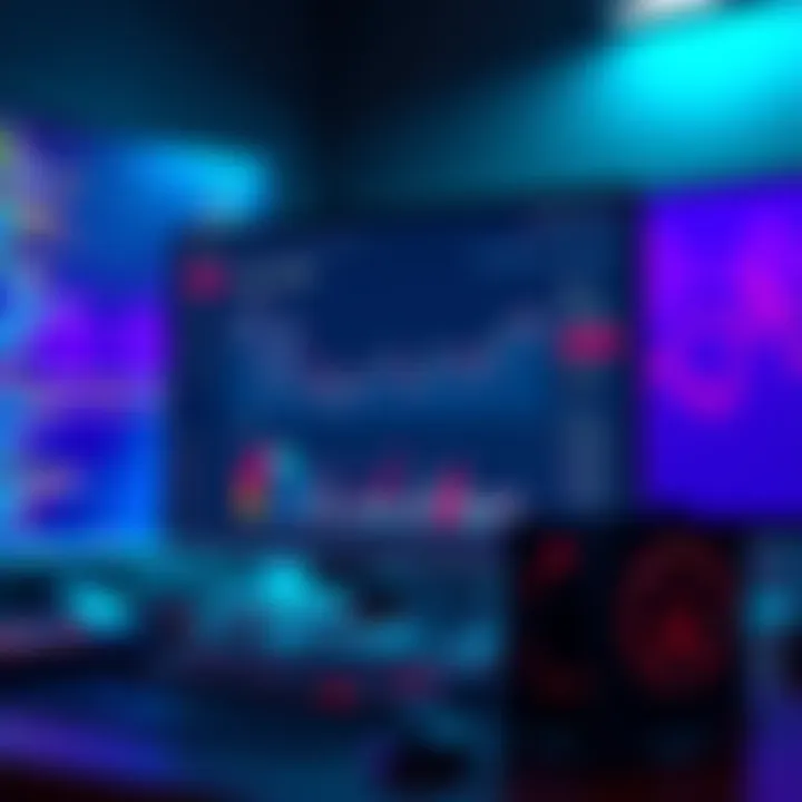 A computer screen displaying a simple crypto portfolio tracker built with JavaScript and React, surrounded by charts and code snippets.