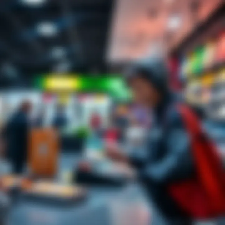 A shopper paying with a cryptocurrency debit card at a checkout counter