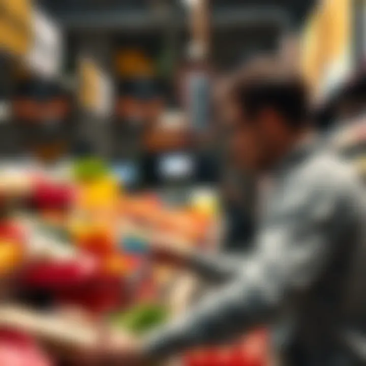 A person paying for groceries at a checkout with a crypto debit card, showing items in cart