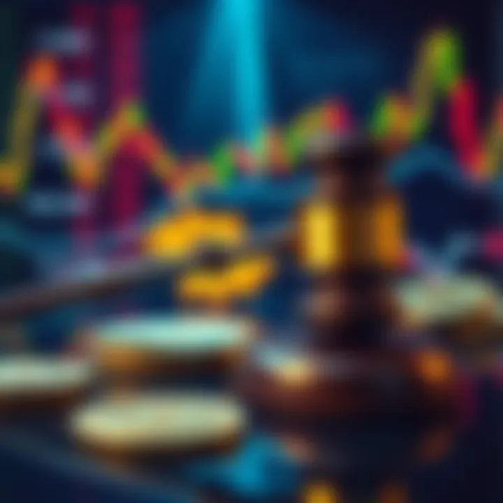 A graphic showing a gavel and cryptocurrency symbols with a background of financial charts, representing new regulations on digital assets.