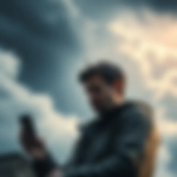 A person looking worried while checking cryptocurrency prices on a smartphone with dark clouds in the background, symbolizing uncertainty and danger for crypto holders in Europe.