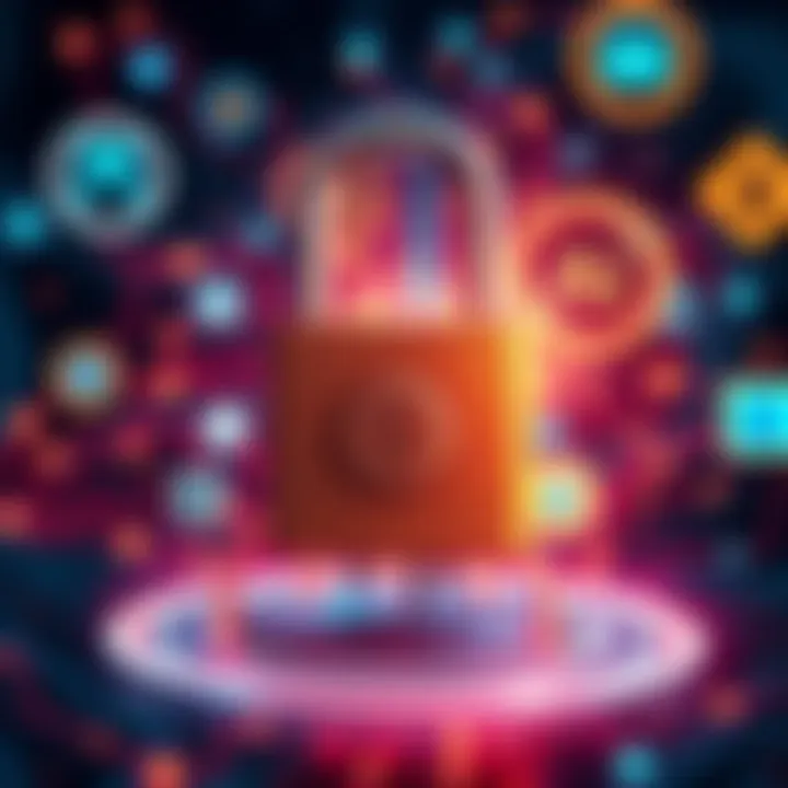 Cryptocurrency Security A digital lock symbolizing cryptocurrency security, surrounded by icons of AI and quantum computers, representing the risks to private keys.