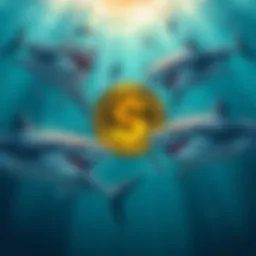 Illustration of sharks circling a new crypto token symbol on the Solana blockchain, indicating market interest.