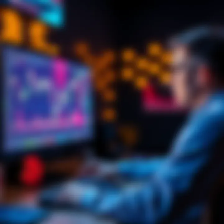 A person analyzing charts on a computer screen with cryptocurrency symbols in the background