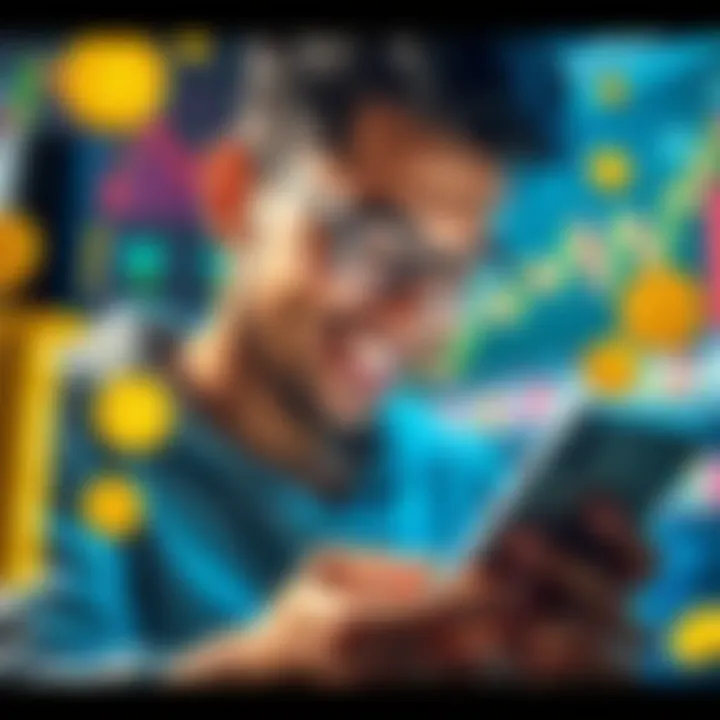 A person smiling while checking cryptocurrency gains on a smartphone, surrounded by coins and charts.
