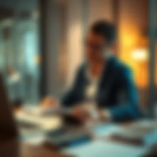 A person sitting at a desk with a laptop, papers, and a calculator, looking concerned about filing taxes on cryptocurrency gains.