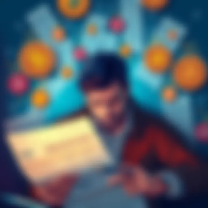 Navigating Crypto Tax Filing A stressed individual surrounded by tax forms and cryptocurrency symbols