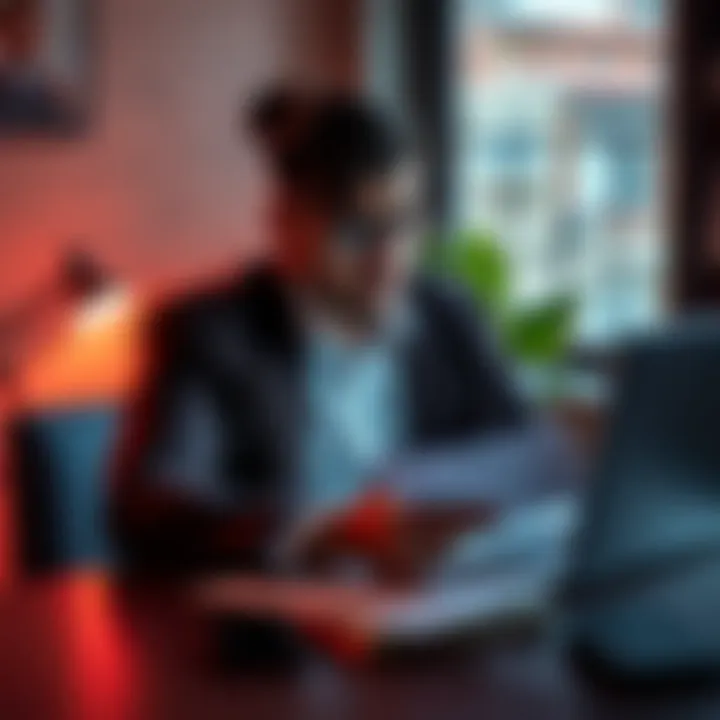 Person Reviewing Crypto Tax Documents Individual sitting at a desk with a laptop, looking at papers related to cryptocurrency taxes, showing confusion and concern.
