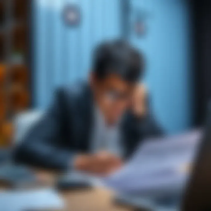 A person looking stressed while reviewing tax documents related to cryptocurrency investments, with a calculator and a laptop on the table.