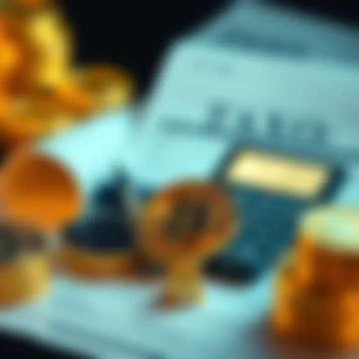 Illustration of cryptocurrency coins with tax documents and calculator symbolizing tax regulations in the USA