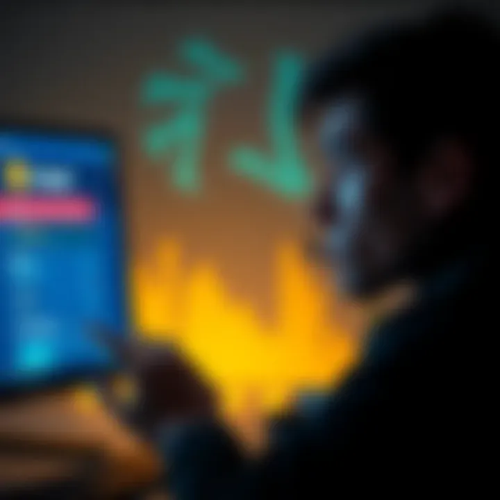 Crypto Theft Concept A worried person looking at a computer screen showing a Coinspot account with a loss, symbolizing crypto theft concerns