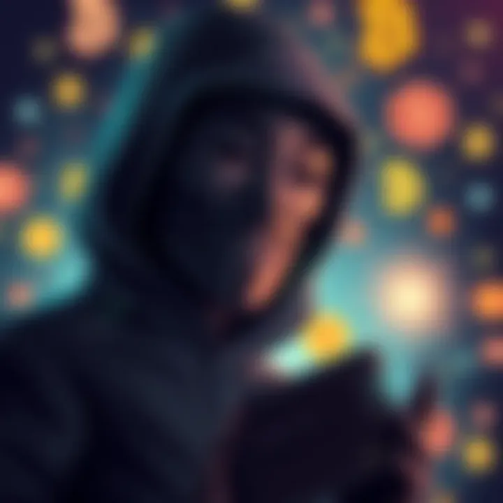 Illustration of a person in a mask holding a digital wallet, with a backdrop of cryptocurrency symbols, symbolizing theft by unexpected sources.