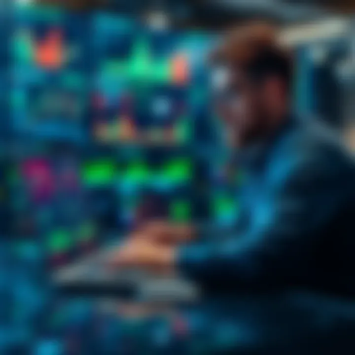 Crypto Trader Using AI Tools A crypto trader analyzing data on a laptop with AI software displaying trends and statistics.