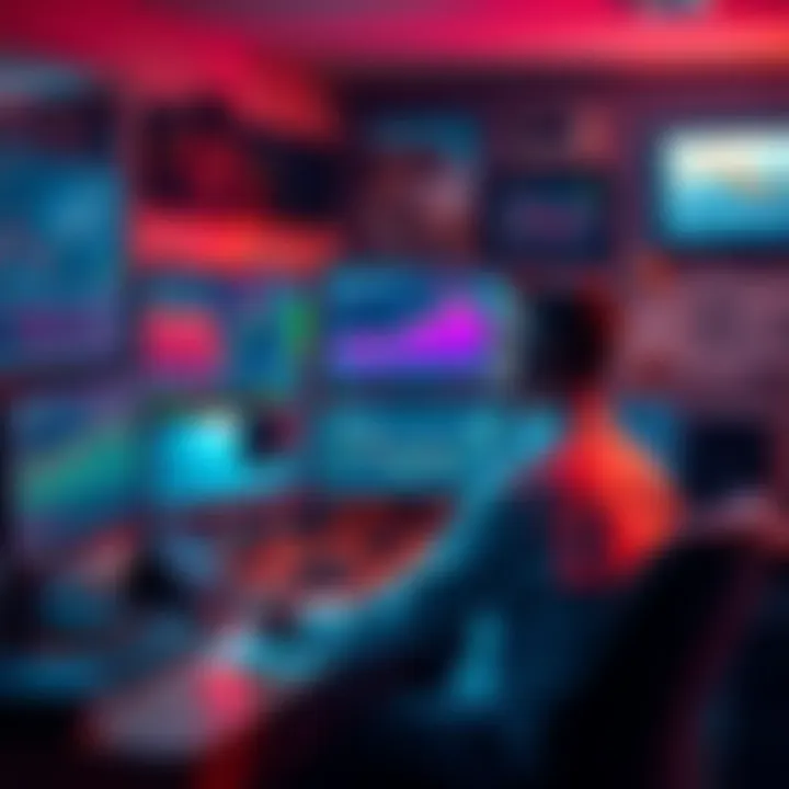 Crypto Trader at Desk A focused individual analyzing crypto market trends on multiple screens in a home office, surrounded by charts and trading tools.