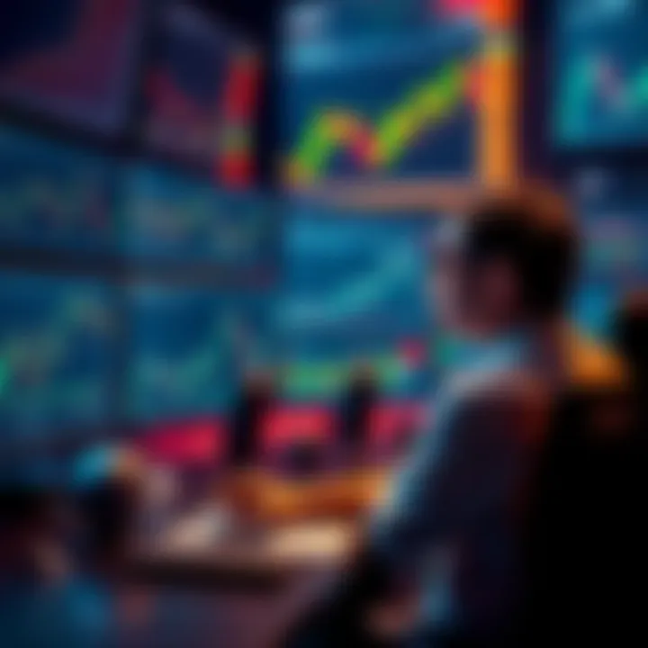 A trader sits in front of multiple screens showing cryptocurrency charts and data, contemplating his eight-year experience in the crypto market.