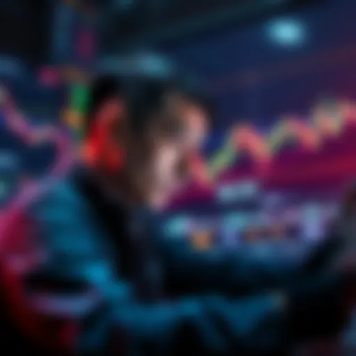 A crypto trader focused on market charts with graphs showing trends and fluctuations in the background