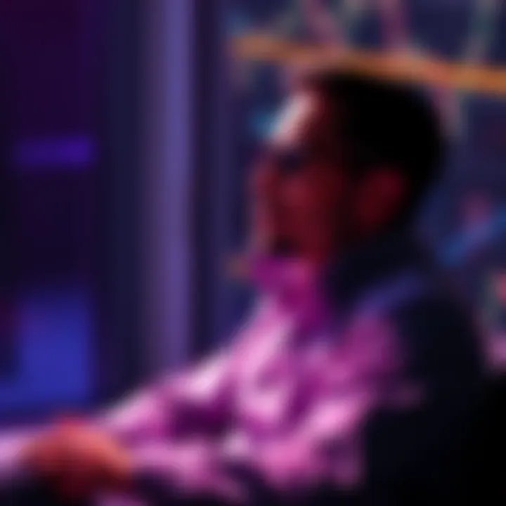 Crypto Trader Reflecting on Decision Former crypto trader sits calmly, contemplating their decision to stop trading and focus on long-term investments, with a relaxed expression.