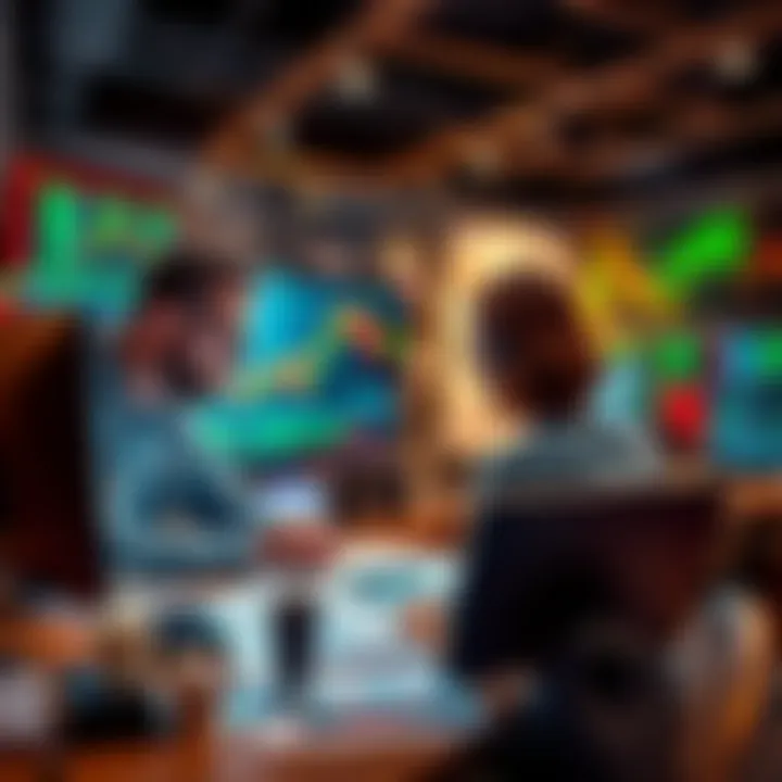 Experienced traders discussing strategies during a market crash with charts and graphs on a table