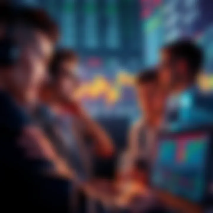 A group of crypto traders looking at charts and screens with concerned expressions, showing frustration over stagnant prices, surrounded by graphs and digital currency symbols.