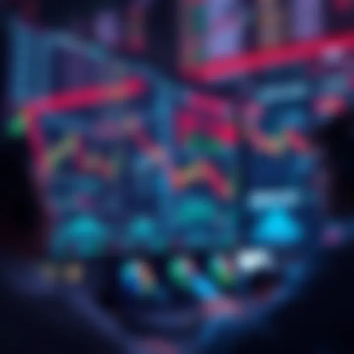 A digital screen showing fluctuating cryptocurrency charts with traders analyzing data.