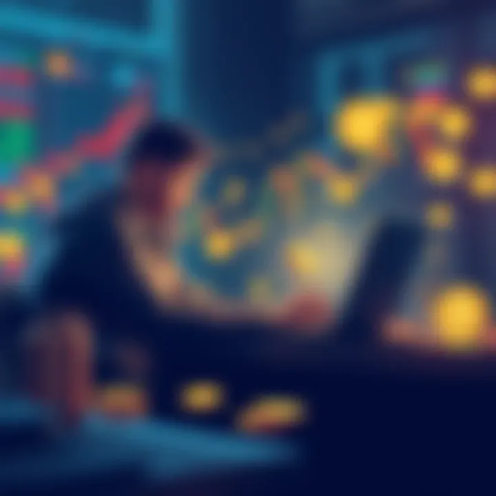 An illustration showing a person studying cryptocurrency on a laptop with charts and digital coins around them.