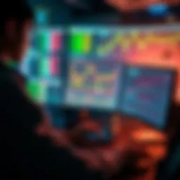 A programmer working on a computer with code for a crypto trading bot on the screen, surrounded by charts and graphs.