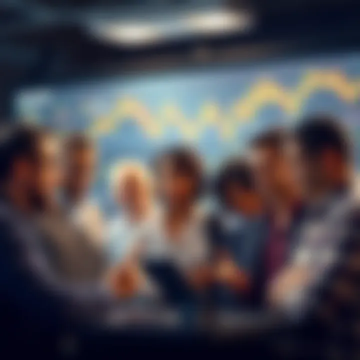 A group of diverse people discussing cryptocurrency trading tips, focused on avoiding scams and pump and dump schemes, with charts and graphs in the background.